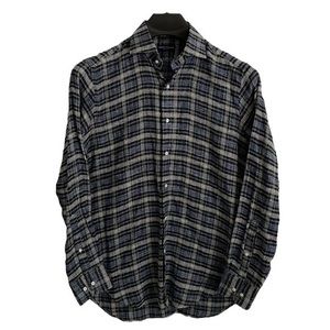 Peter Millar Size Medium Linen/Cotton blue & grey plaid button up shirt.‎ EUC